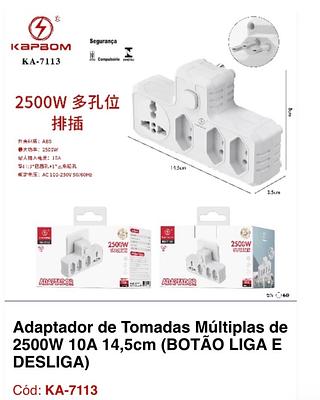 Adaptador de Tomadas Múltiplas de 2500W 10A 14,5cm (BOTÃO LIGA E DESLIGA)