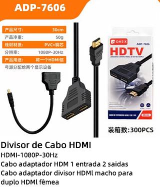 Divisor de Cabo HDMI HDMI-1080P-30Hz Cabo adaptador HDM 1 entrada 2 saidas Cabo adaptador divisor HDMI macho para duplo HDMI fêmea 7606