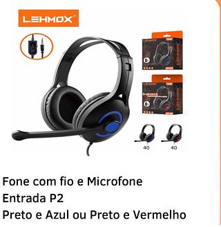 Fone com fio e Microfone Entrada P2 Preto e Azul ou Preto e Vermelho