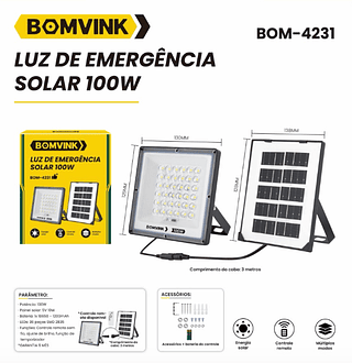 LUZ DE EMERGÊNCIA SOLAR 100W BOM-4231