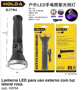 Lanterna LED para uso externo com luz lateral roxa.