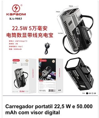 Carregador portatil 22,5 W e 50000 mAh com visor digital KA9803