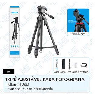 TRIPE AJUSTÁVEL PARA FOTOGRAFIA - Altura: 1,60M - Material: tubos de alumínio