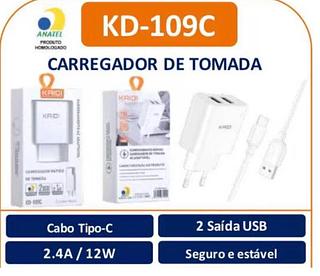 CARREGADOR DE TOMADA TIPO C TURBO 12W KAIDI