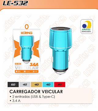 FONTE DE CARRO 2 USB 3.4A LE 532