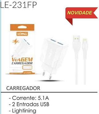 CARREGADOR ios 5.1A 2USB LELONG LE-231FP